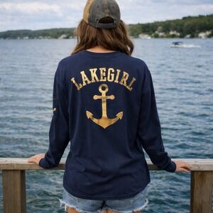 Lake‎ Girl Women's Crewneck Logo Back Pocket Long Sleeve Pullover Shirt Size L